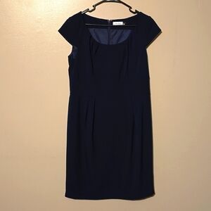 Calvin Klein Dress Womens 14 Navy Blue Sheath‎ Pleated Cap Sleeve Lined Office